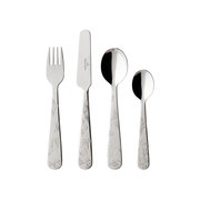 Kinderbesteck 4-teilig mit verspielten Motiven, bestehend aus Gabel, Messer, großem und kleinem Löffel, frontal abgebildet.