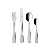 Kinderbesteck 4-teilig mit verspielten Motiven, bestehend aus Gabel, Messer, großem und kleinem Löffel, frontal abgebildet.