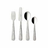 Kinderbesteck 4-teilig mit verspielten Motiven, bestehend aus Gabel, Messer, großem und kleinem Löffel, frontal abgebildet.