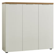 Moderner XL-Schuhschrank mit drei Türen in Weiß und Holzoptik, Frontalansicht