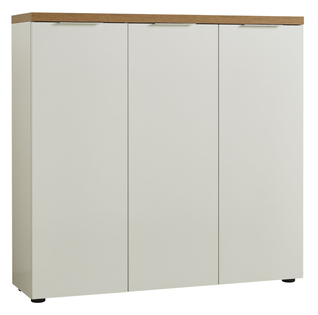 Moderner XL-Schuhschrank mit drei Türen in Weiß und Holzoptik, Frontalansicht