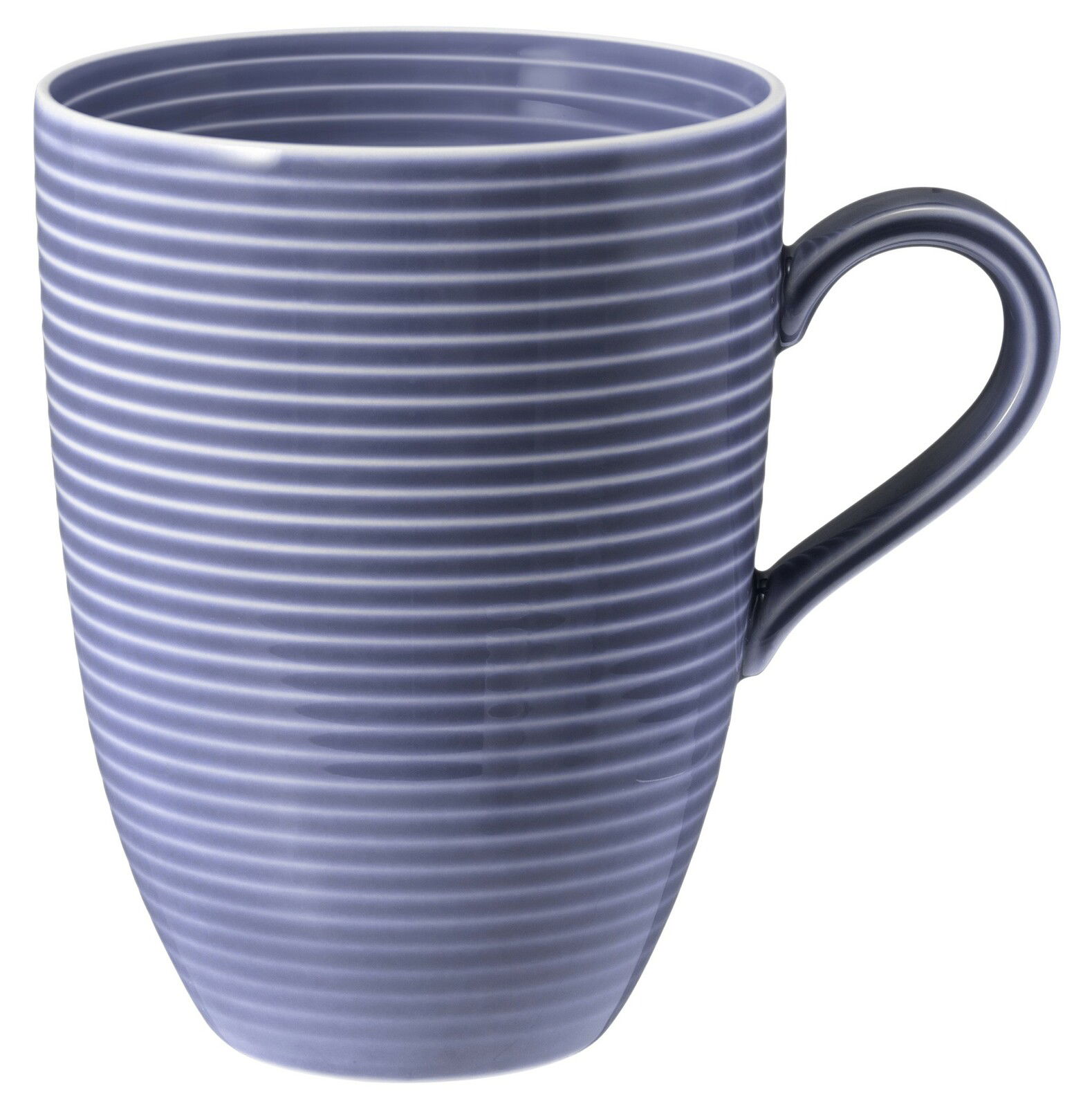 Blauer Becher mit Henkel, 0,35 l, mit horizontalen Streifen, seitliche Perspektive