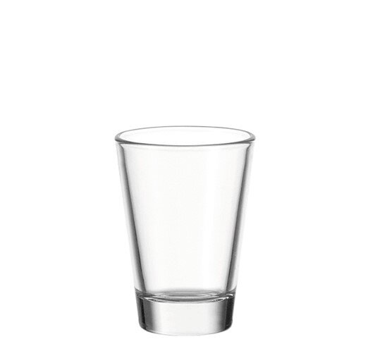 Een doorzichtig glas, van voren gefotografeerd, geschikt voor 60 ml vloeistof.