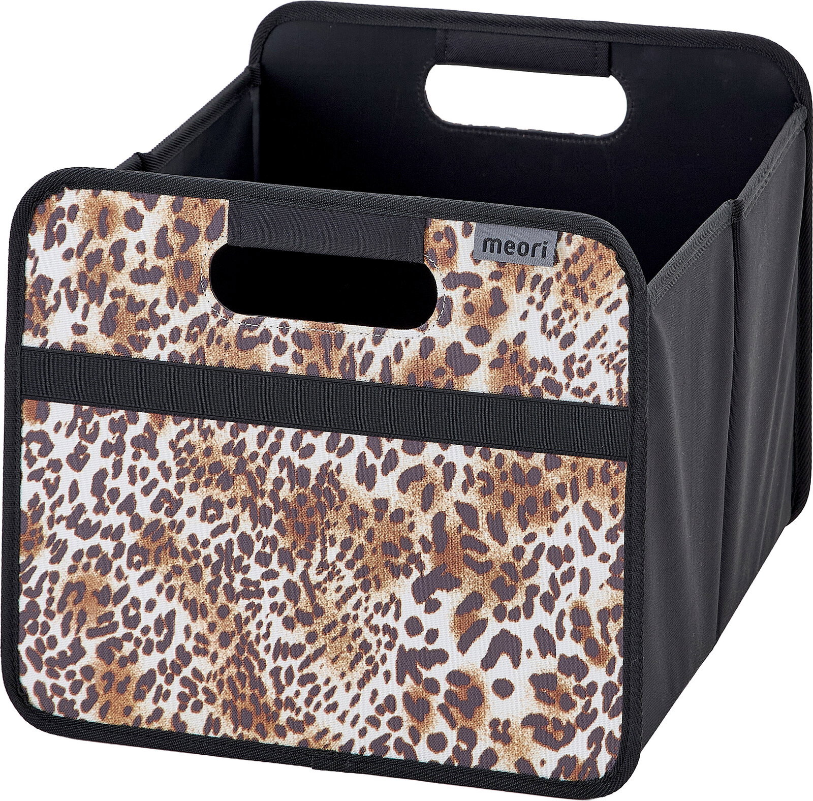 Meori Faltbox M Faltbare Aufbewahrungsbox von meori mit Tragegriffen, schwarzem Korpus und Front im Leopardenmuster, schräg von vorne links fotografiert