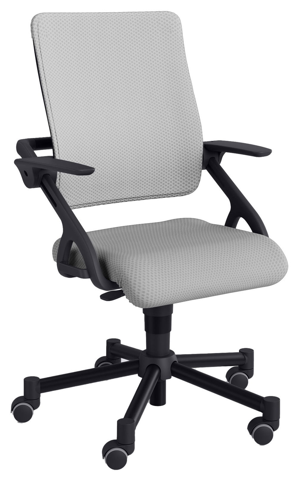 Paidi Jugenddrehstuhl TIO Moderner Jugenddrehstuhl mit grauem Stoffbezug und schwarzem Gestell, seitliche Perspektive