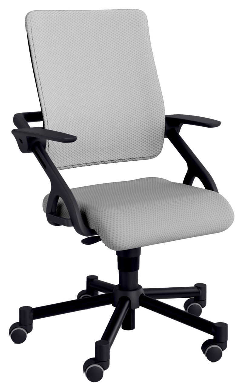 Paidi Jugenddrehstuhl TIO Moderner Jugenddrehstuhl mit grauem Stoffbezug und schwarzem Gestell, seitliche Perspektive