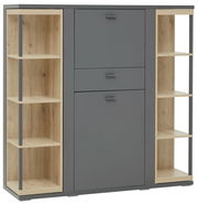 Higboard in grauer und holzfarbener Optik mit offenen Regalfächern und Schubladen, Frontalansicht