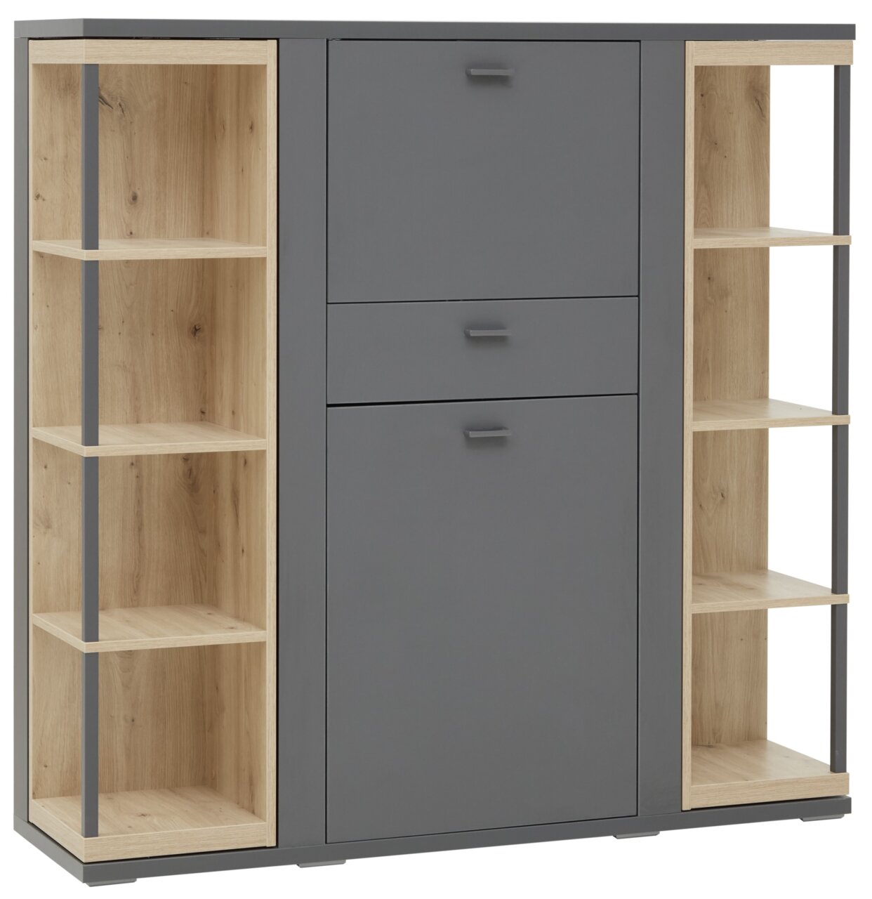 Hom´in Highboard MAGOLO Higboard in grauer und holzfarbener Optik mit offenen Regalfächern und Schubladen, Frontalansicht