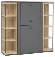 Higboard in grauer und holzfarbener Optik mit offenen Regalfächern und Schubladen, Frontalansicht