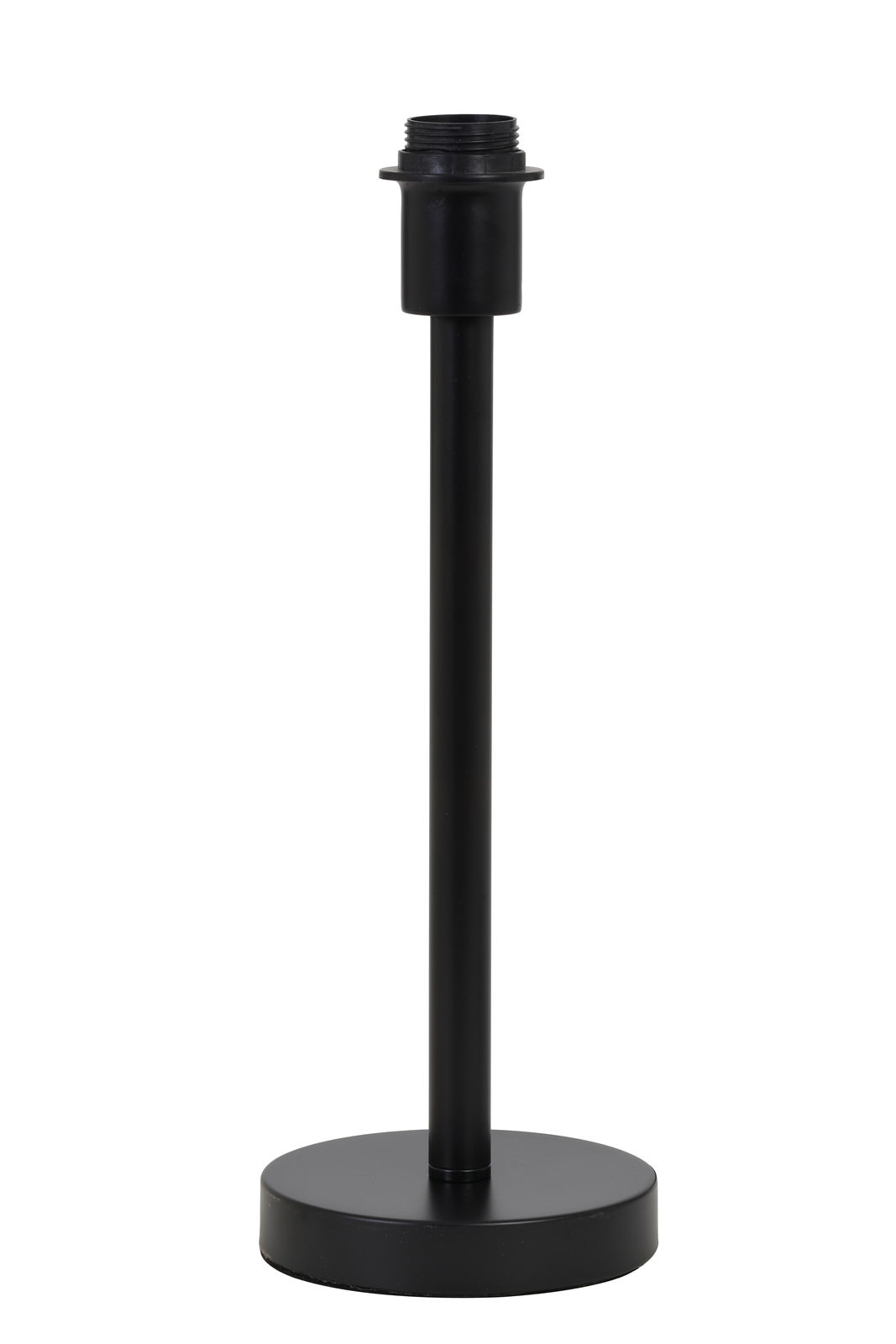 Schwarzer Lampenfuß aus Metall, zylindrische Form, frontal fotografiert.