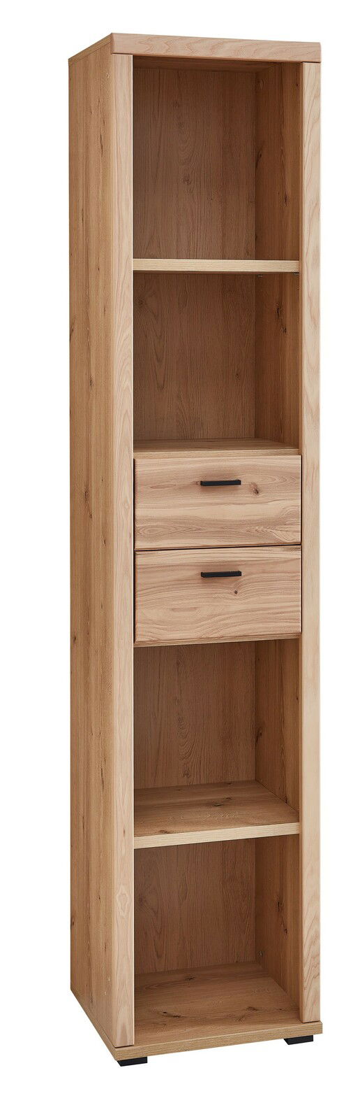 Linea Natura Aktenregal schmal SONOS Schmales Aktenregal aus Holz mit zwei offenen Fächern und zwei Schubladen, seitliche Perspektive.