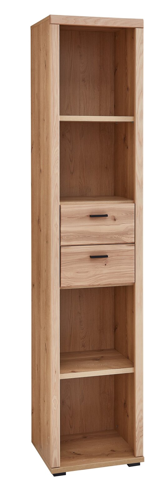 Linea Natura Aktenregal schmal SONOS Schmales Aktenregal aus Holz mit zwei offenen Fächern und zwei Schubladen, seitliche Perspektive.