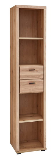 Schmales Aktenregal aus Holz mit zwei offenen Fächern und zwei Schubladen, seitliche Perspektive.