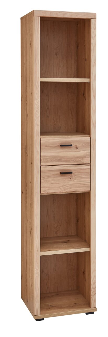 Schmales Aktenregal aus Holz mit zwei offenen Fächern und zwei Schubladen, seitliche Perspektive.