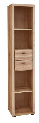 Schmales Aktenregal aus Holz mit zwei offenen Fächern und zwei Schubladen, seitliche Perspektive.