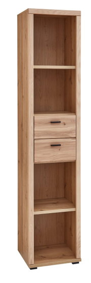 Schmales Aktenregal aus Holz mit zwei offenen Fächern und zwei Schubladen, seitliche Perspektive.