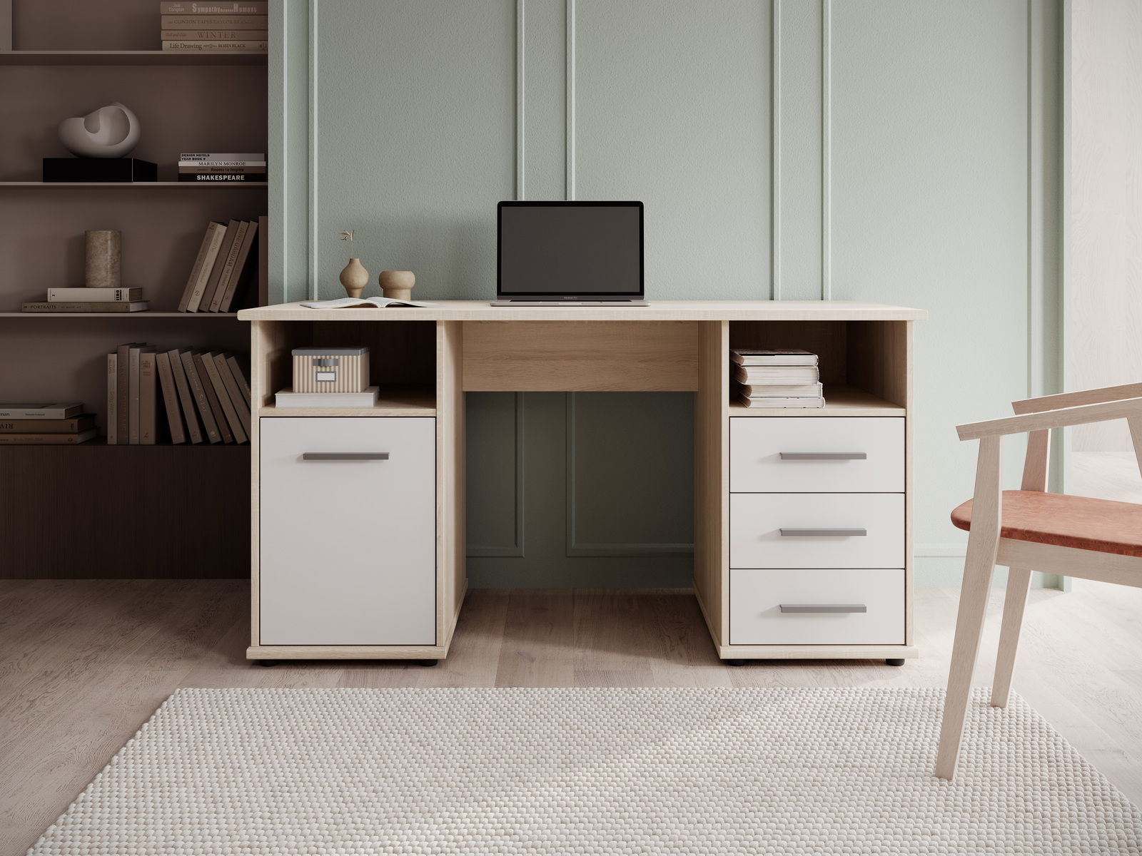 Moderner Schreibtisch mit Holz- und Weißelementen, frontal fotografiert, mit Schubladen und Stauraum, ideal für ein stilvolles Büro.