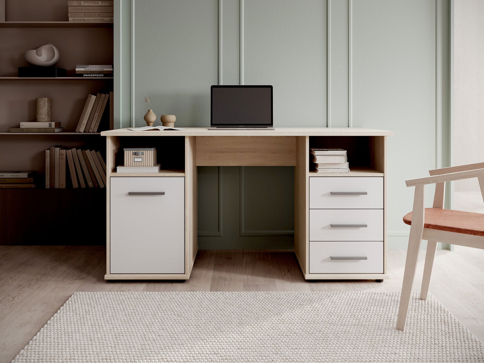 Moderner Schreibtisch mit Holz- und Weißelementen, frontal fotografiert, mit Schubladen und Stauraum, ideal für ein stilvolles Büro.