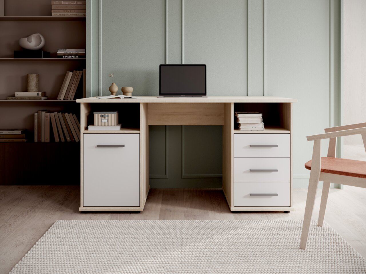 Moderner Schreibtisch mit Holz- und Weißelementen, frontal fotografiert, mit Schubladen und Stauraum, ideal für ein stilvolles Büro.