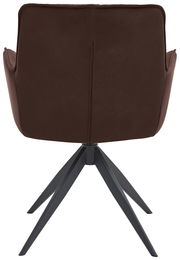 Rückansicht eines braunen Design-Schalensessels mit schwarzem Metallgestell.