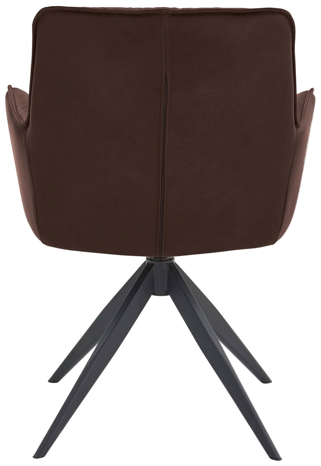 Rückansicht eines braunen Design-Schalensessels mit schwarzem Metallgestell.