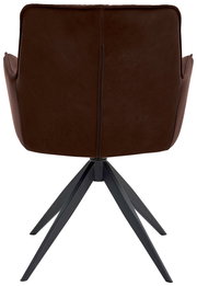 Rückansicht eines braunen Design-Schalensessels mit schwarzem Metallgestell.