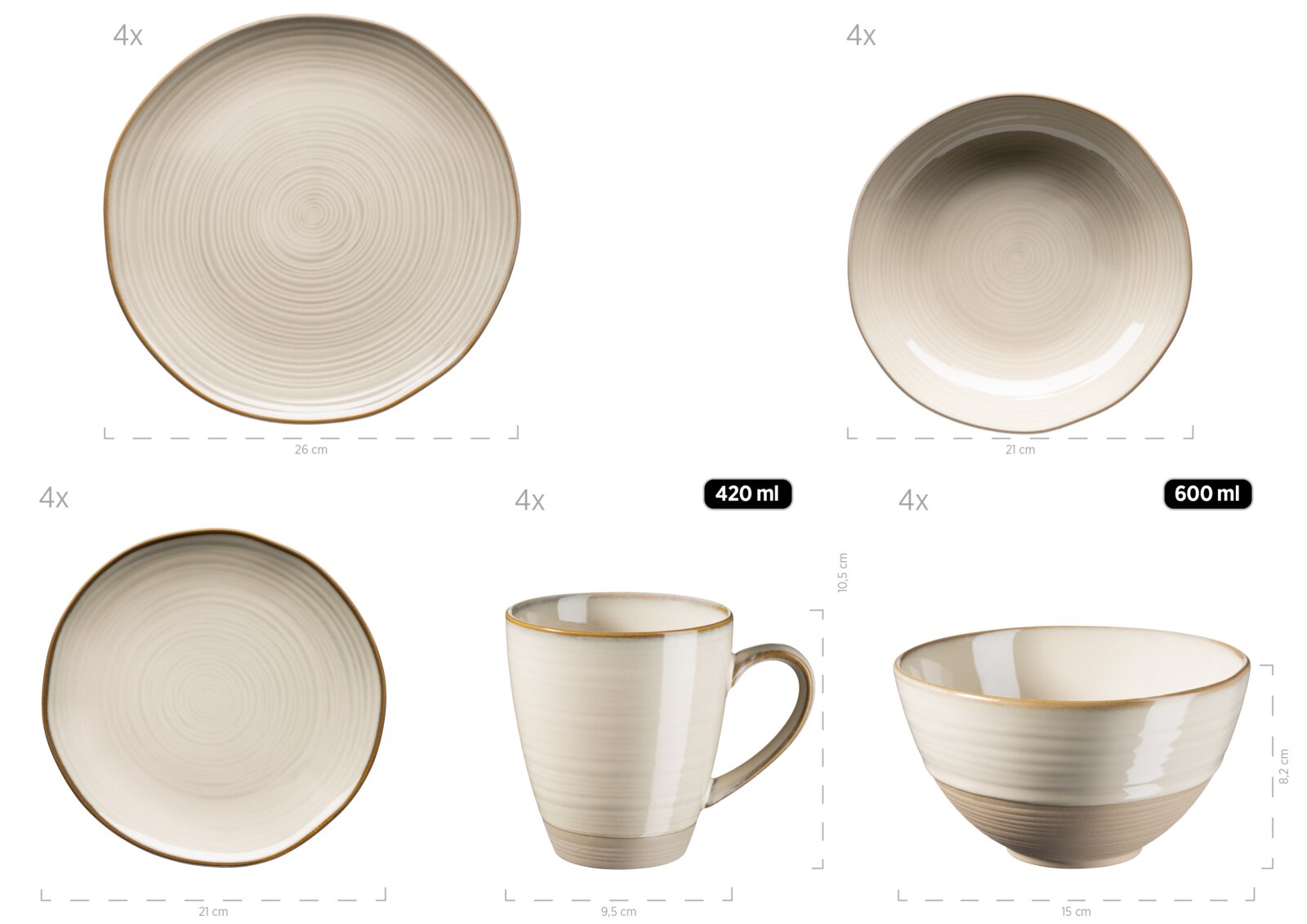 Beiges Keramik-Geschirrset mit goldfarbenem Rand: Teller (26 cm und 21 cm), Tasse (420 ml) und Schüssel (600 ml), gezeigt in Draufsicht und Seitenansicht mit Maßangaben