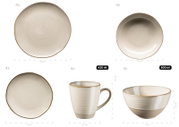 Beiges Keramik-Geschirrset mit goldfarbenem Rand: Teller (26 cm und 21 cm), Tasse (420 ml) und Schüssel (600 ml), gezeigt in Draufsicht und Seitenansicht mit Maßangaben