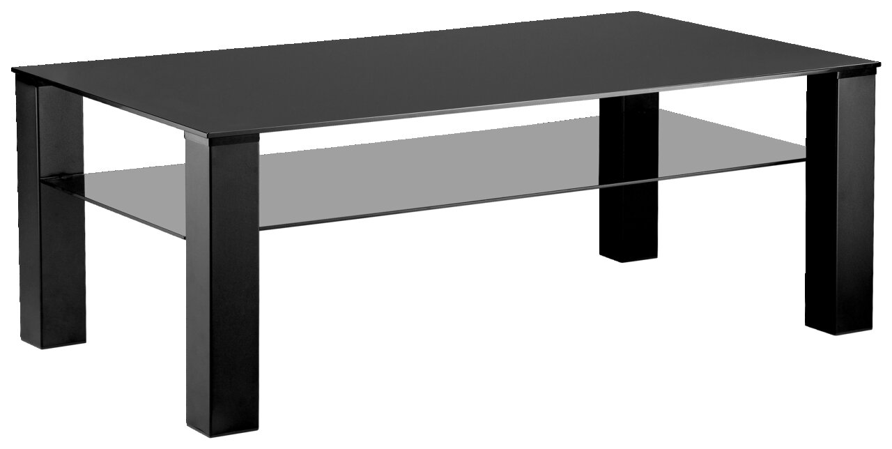 Moderner schwarzer Couchtisch mit Glasablage, seitliche Perspektive