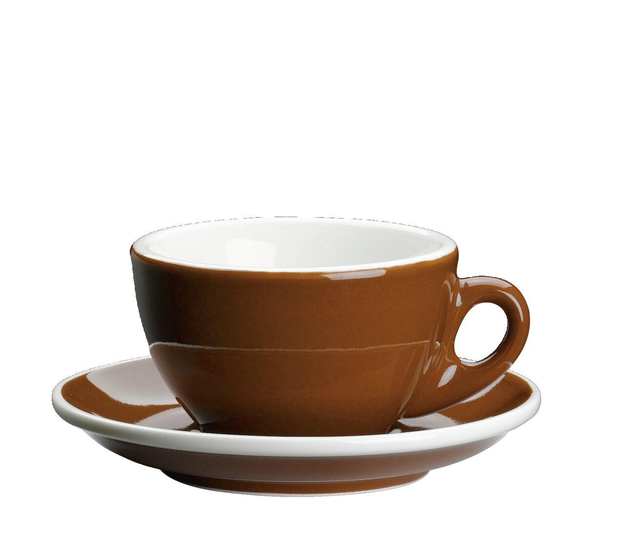 Braune Cappuccinotasse ROMA mit Untertasse, seitliche Perspektive