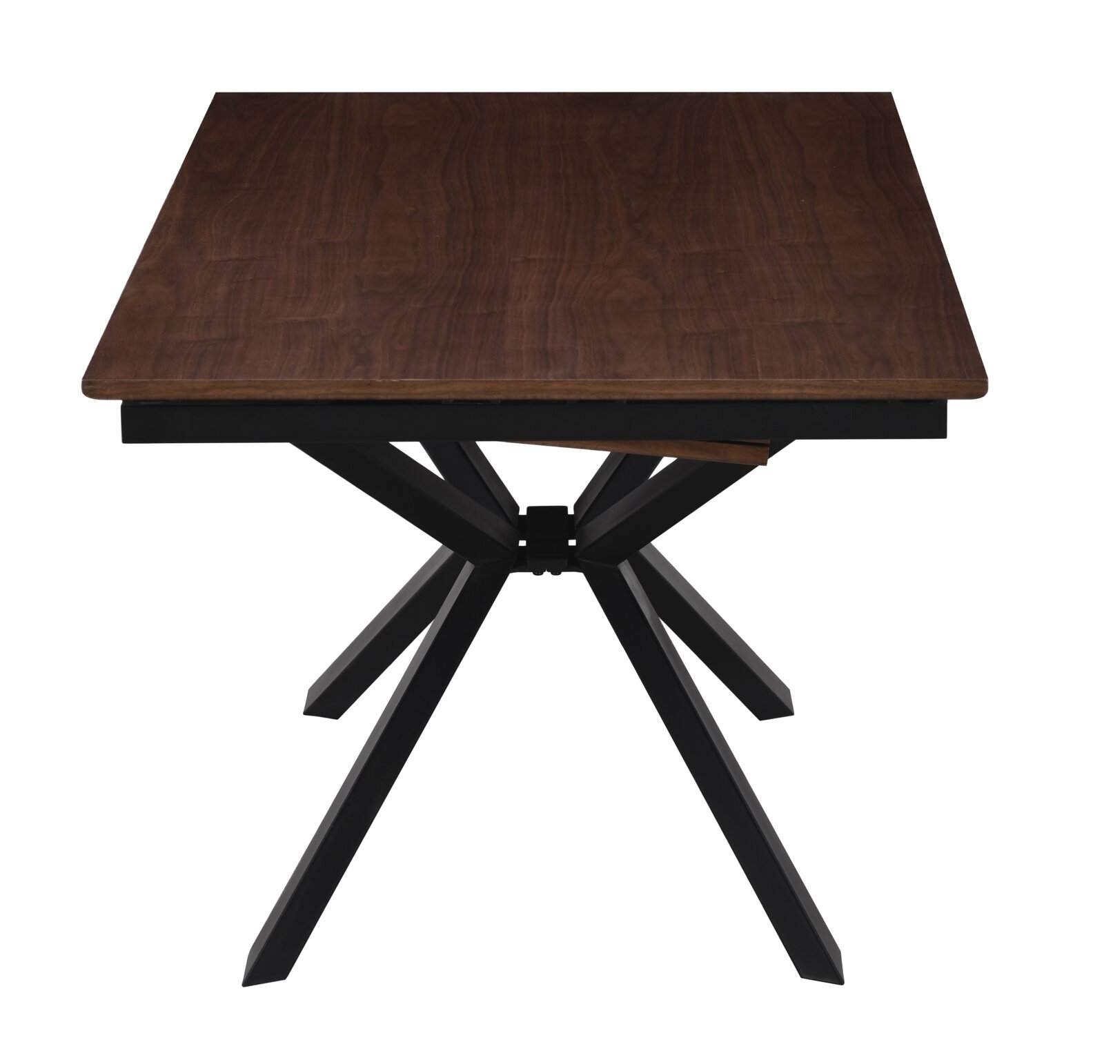Donkerhouten eettafel met rechthoekig blad en zwart metalen kruispootonderstel, gefotografeerd van voren op ooghoogte tegen een witte achtergrond