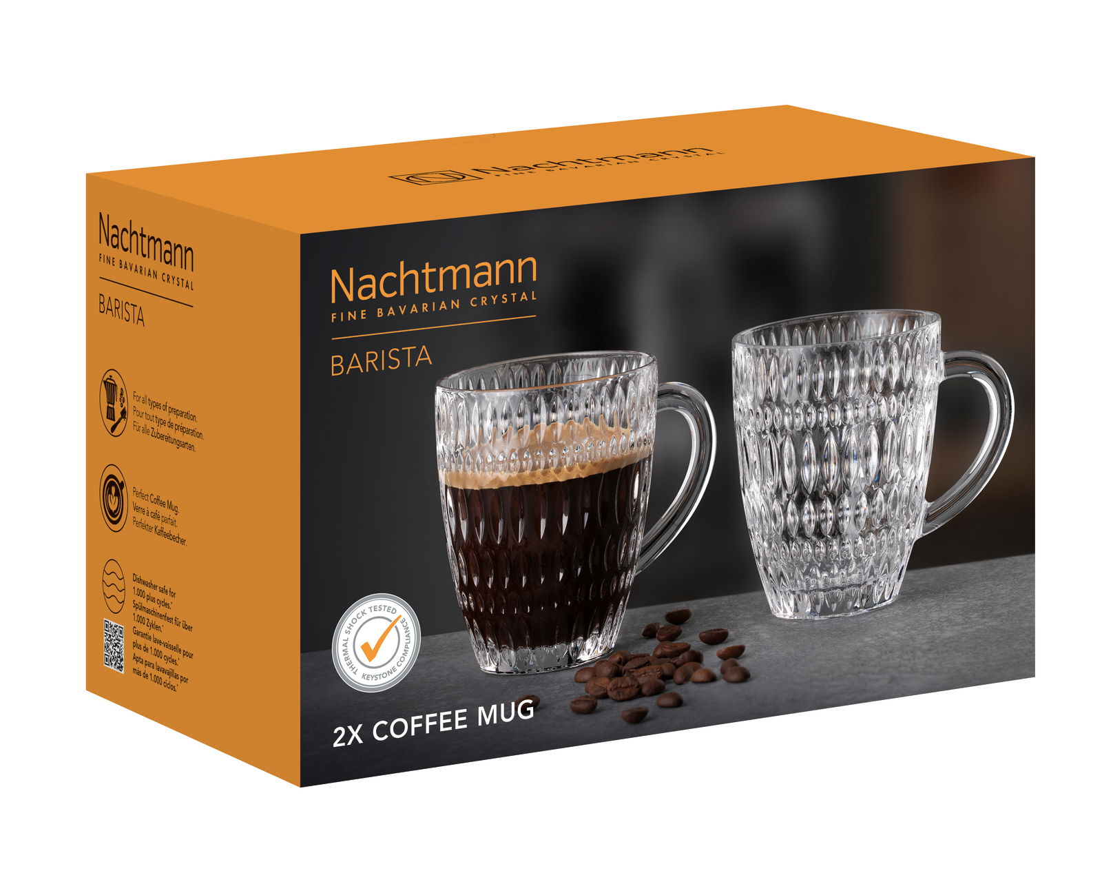 Verpackung des Barista Kaffeebecher 2er-Sets von Nachtmann, mit zwei kristallklaren Tassen, frontal abgebildet.