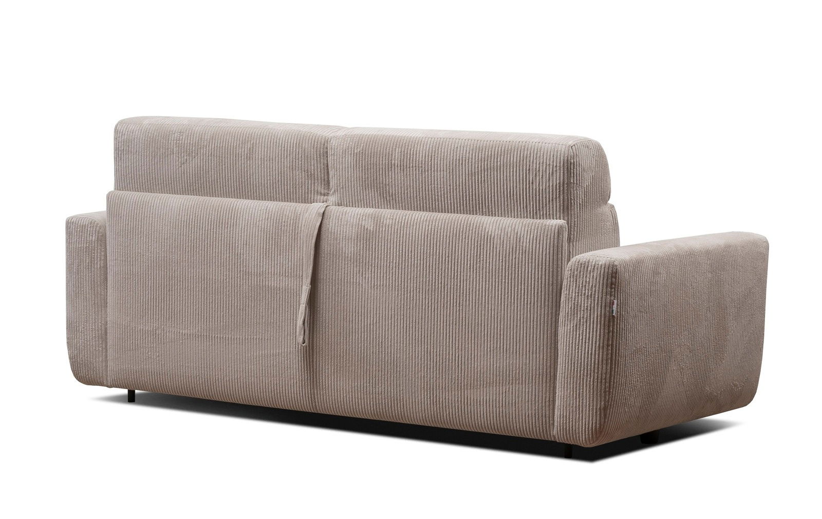 Rückansicht eines beigen Funktionssofas mit geripptem Stoffbezug.