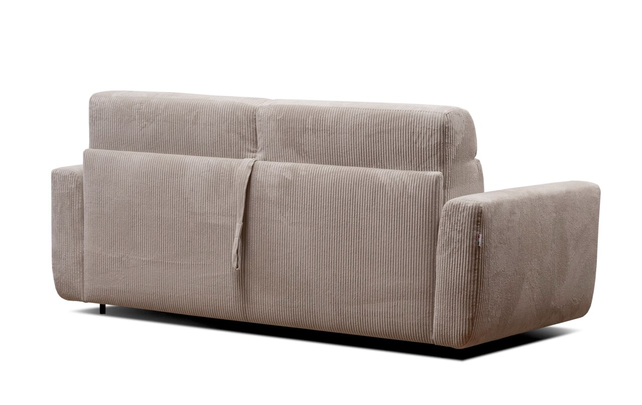 Rückansicht eines beigen Funktionssofas mit geripptem Stoffbezug.