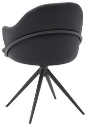 Rückansicht eines modernen Armlehnstuhls mit schwarzem Bezug und vier schlanken Beinen.