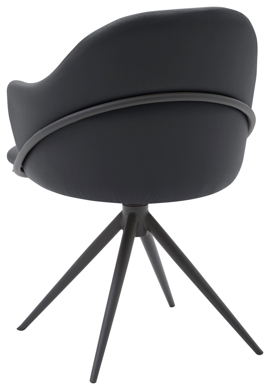 Rückansicht eines modernen Armlehnstuhls mit schwarzem Bezug und vier schlanken Beinen.