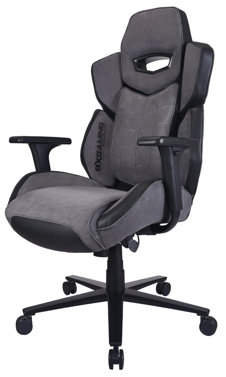 Grauer Gaming-Stuhl mit ergonomischem Design, verstellbaren Armlehnen und stabiler Basis, seitliche Perspektive