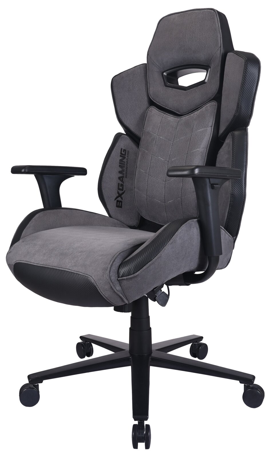 Grauer Gaming-Stuhl mit ergonomischem Design, verstellbaren Armlehnen und stabiler Basis, seitliche Perspektive