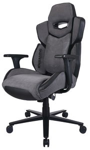 Grauer Gaming-Stuhl mit ergonomischem Design, verstellbaren Armlehnen und stabiler Basis, seitliche Perspektive