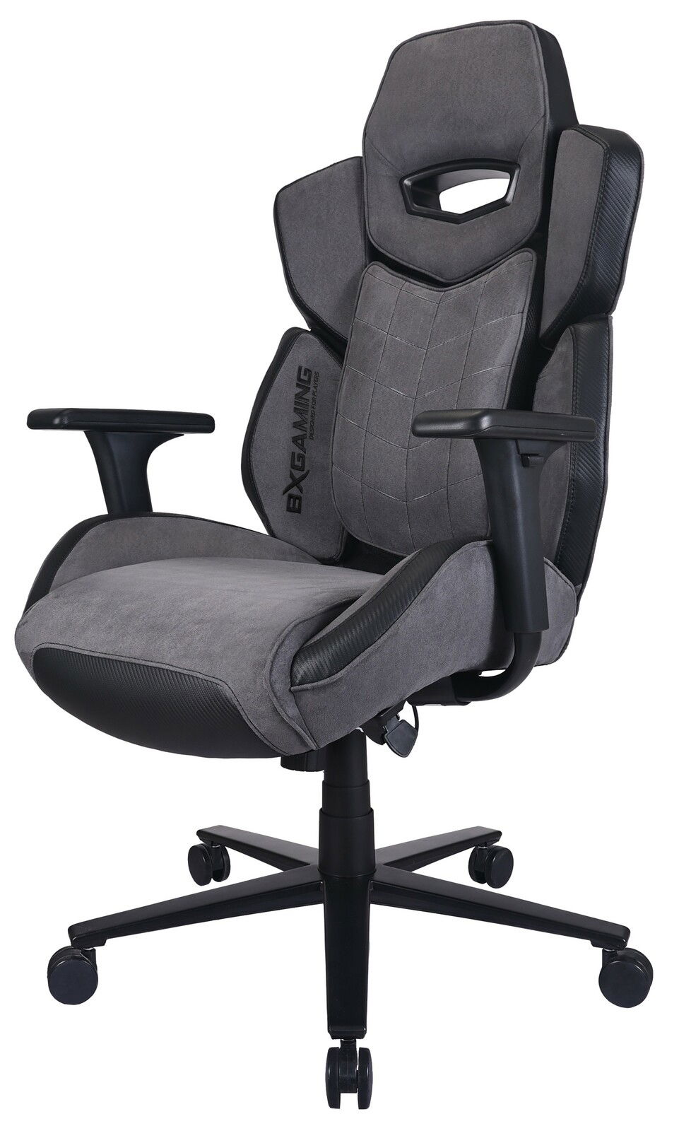 Grauer Gaming-Stuhl mit ergonomischem Design, verstellbaren Armlehnen und stabiler Basis, seitliche Perspektive