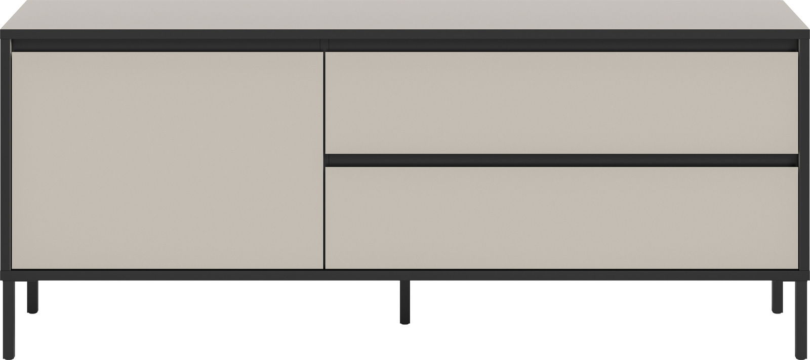 Frontale Ansicht eines modernen Lowboards mit zwei Türen und zwei Schubladen in neutralen Farben.