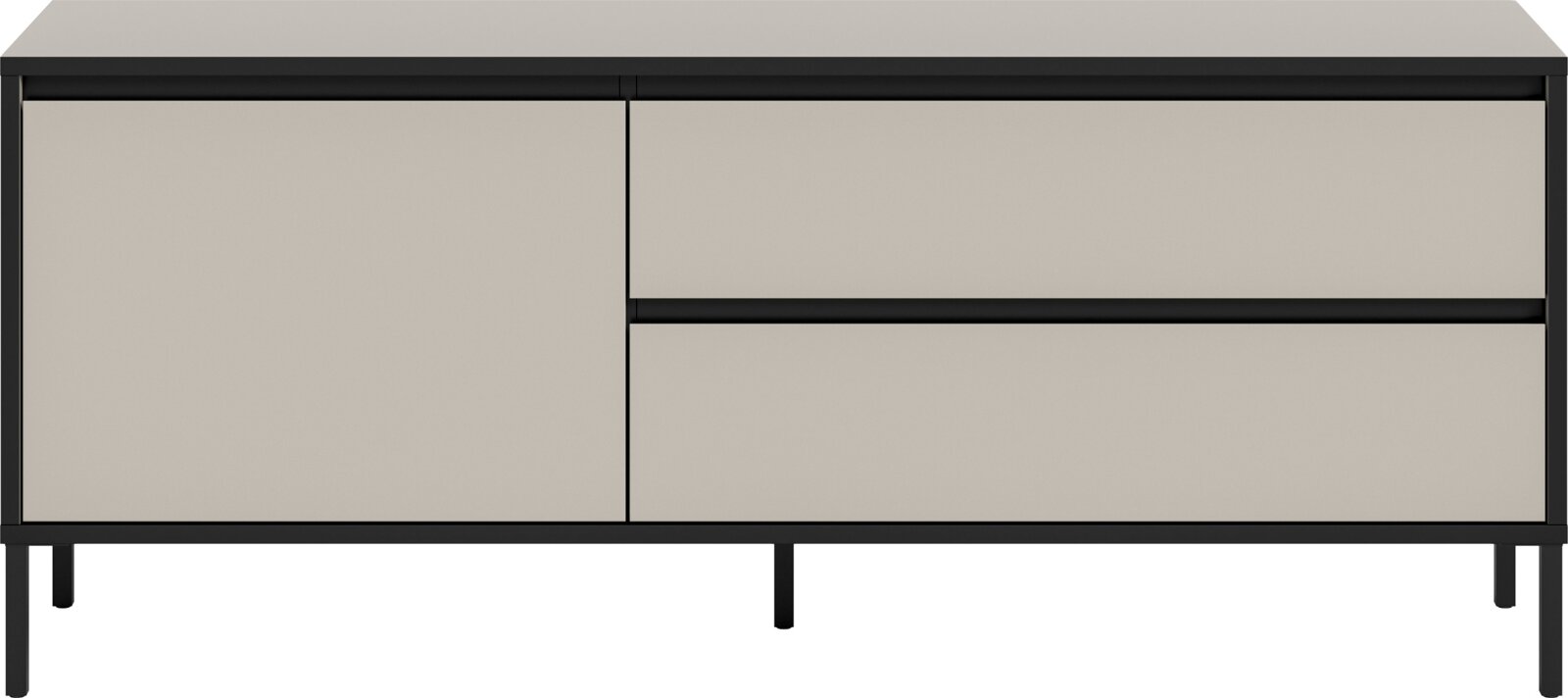Frontale Ansicht eines modernen Lowboards mit zwei Türen und zwei Schubladen in neutralen Farben.
