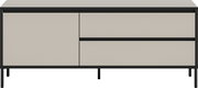 Frontale Ansicht eines modernen Lowboards mit zwei Türen und zwei Schubladen in neutralen Farben.