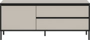 Frontale Ansicht eines modernen Lowboards mit zwei Türen und zwei Schubladen in neutralen Farben.
