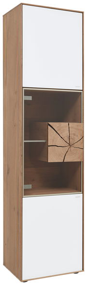 Vitrine Valnatura LAGO in Holzoptik mit weißen Türen, seitliche Perspektive