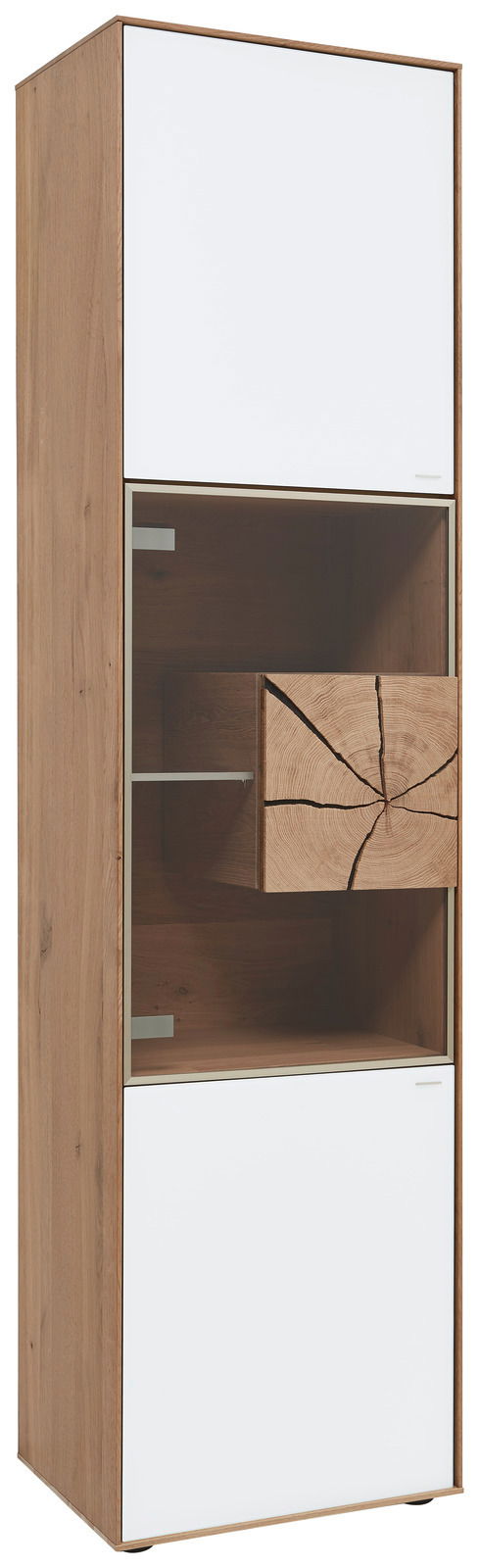 Vitrine Valnatura LAGO in Holzoptik mit weißen Türen, seitliche Perspektive