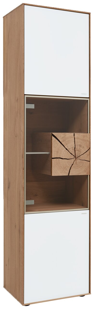 Valnatura Vitrine (links) LAGO Vitrine Valnatura LAGO in Holzoptik mit weißen Türen, seitliche Perspektive