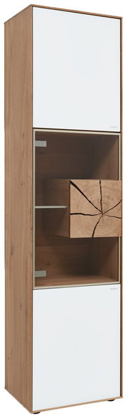 Vitrine Valnatura LAGO in Holzoptik mit weißen Türen, seitliche Perspektive