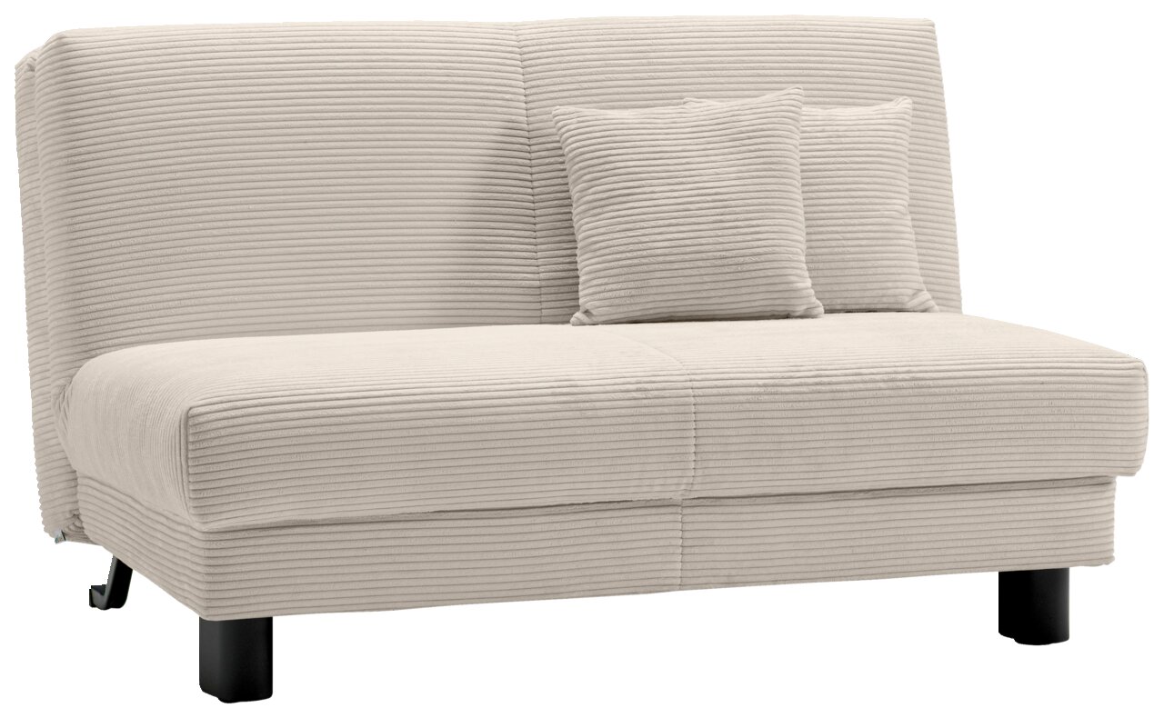 Z2 Schlafsofa ENNY Beiges Funktionssofa mit geripptem Stoffbezug, zwei passenden Kissen und schwarzen Beinen, seitliche Perspektive
