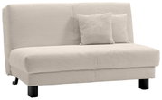 Beige functionele bank met geribbelde stoffen bekleding, twee bijpassende kussens en zwarte poten, zijaanzicht